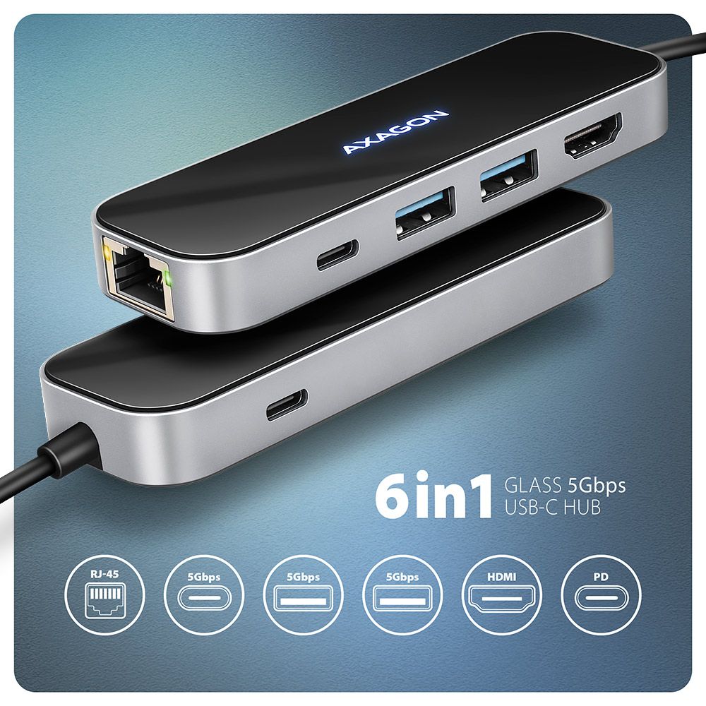 AXAGON HMC-6GLN USB-C 5 Gbps GLASS 6-in-1 Hub