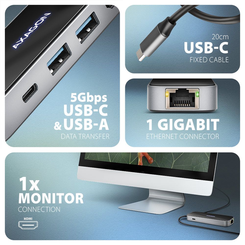 AXAGON HMC-6GLN USB-C 5 Gbps GLASS 6-in-1 Hub