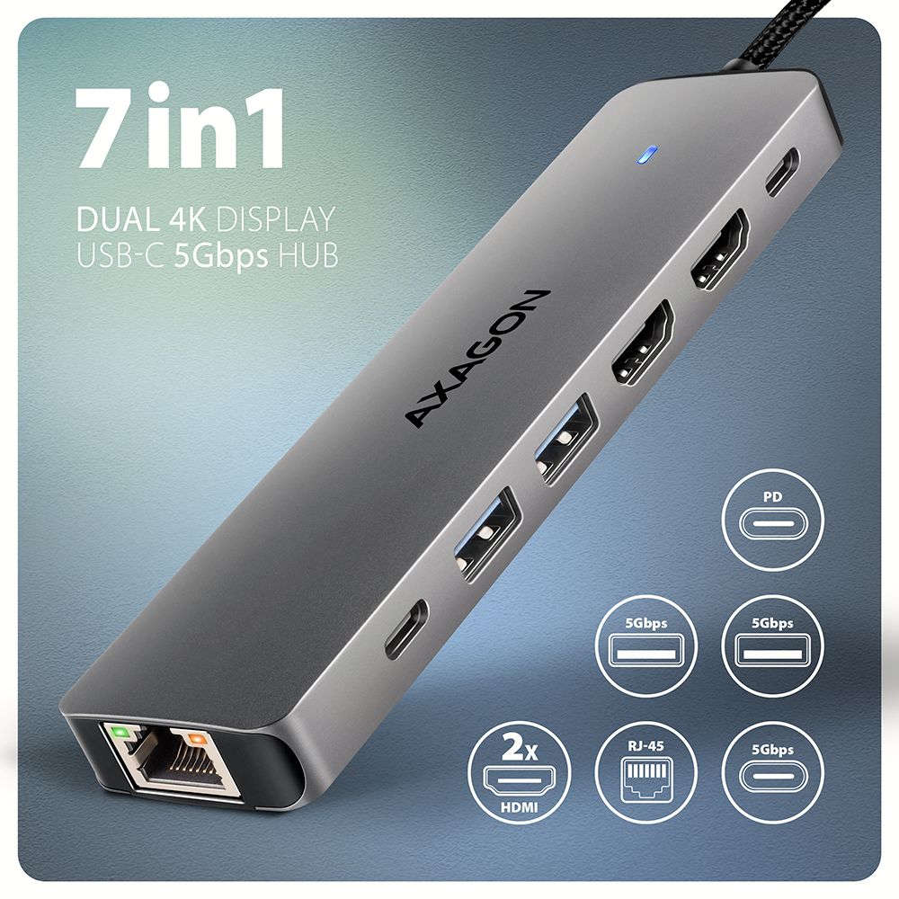 AXAGON HMC-7HX2 USB-C 5 Gbps DUAL 4K DISPLAY 7-in-1 Hub
