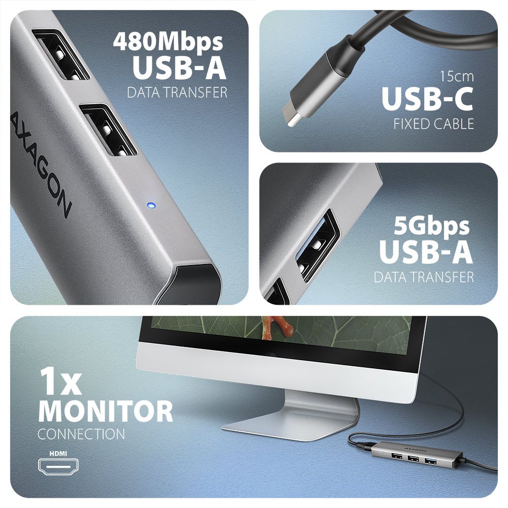 AXAGON HMC-H3A USB-C 5 Gbps STARTER 4-in-1 Hub