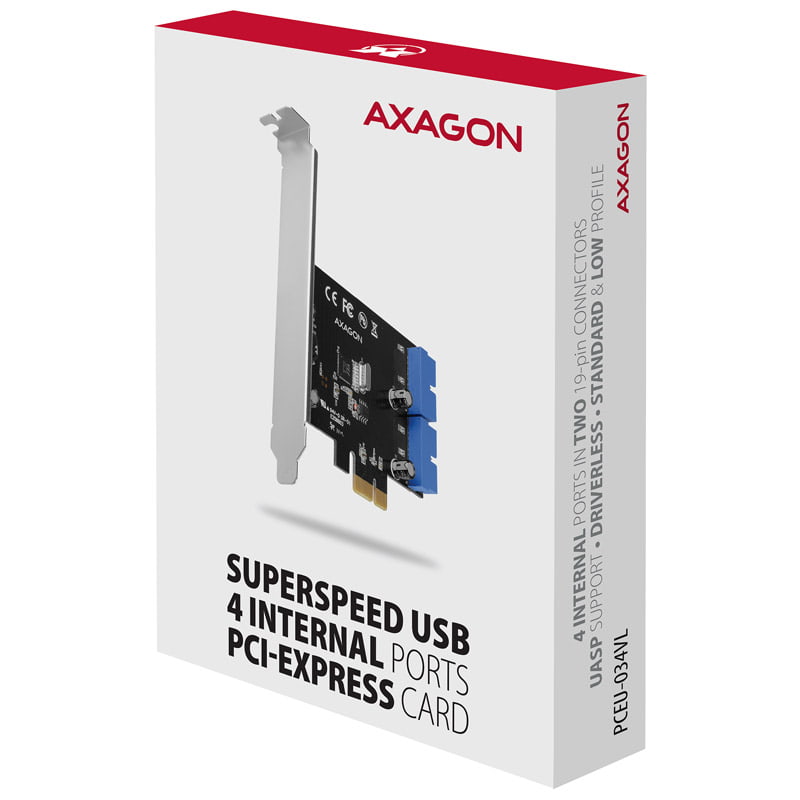 AXAGON PCEU-034VL PCIe card - 2x 19-pin internal USB 3.2 Gen 1 port, 5 Gbps, SP & LP