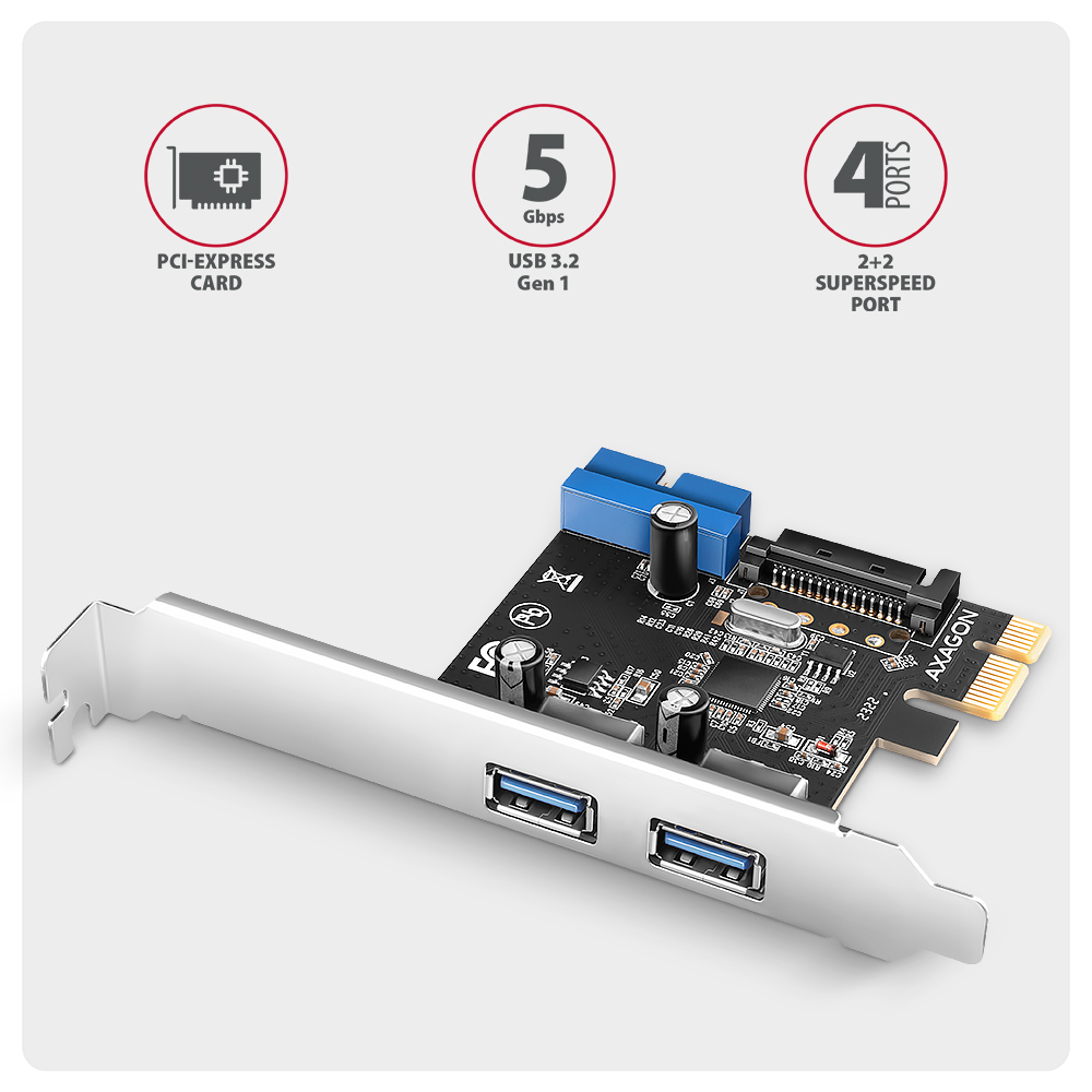 I/O bővítőkártya AXAGON PCEU-232RS PCIe vezérlő 2x ext. + 2x int. USB 5Gbps