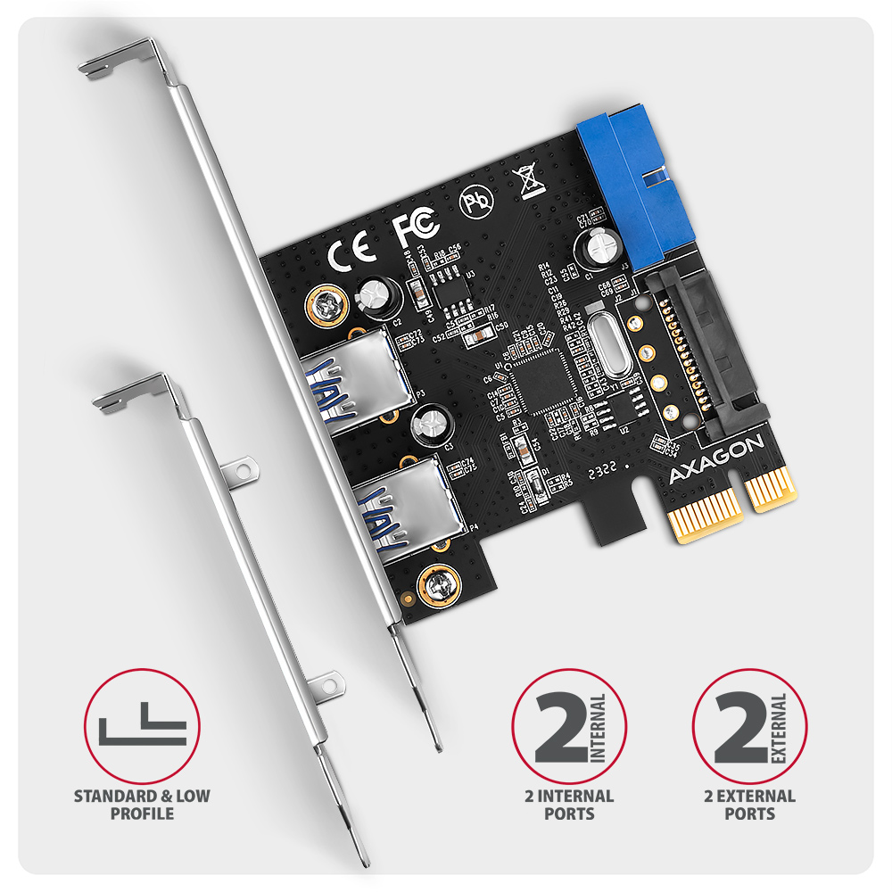 I/O bővítőkártya AXAGON PCEU-232RS PCIe vezérlő 2x ext. + 2x int. USB 5Gbps