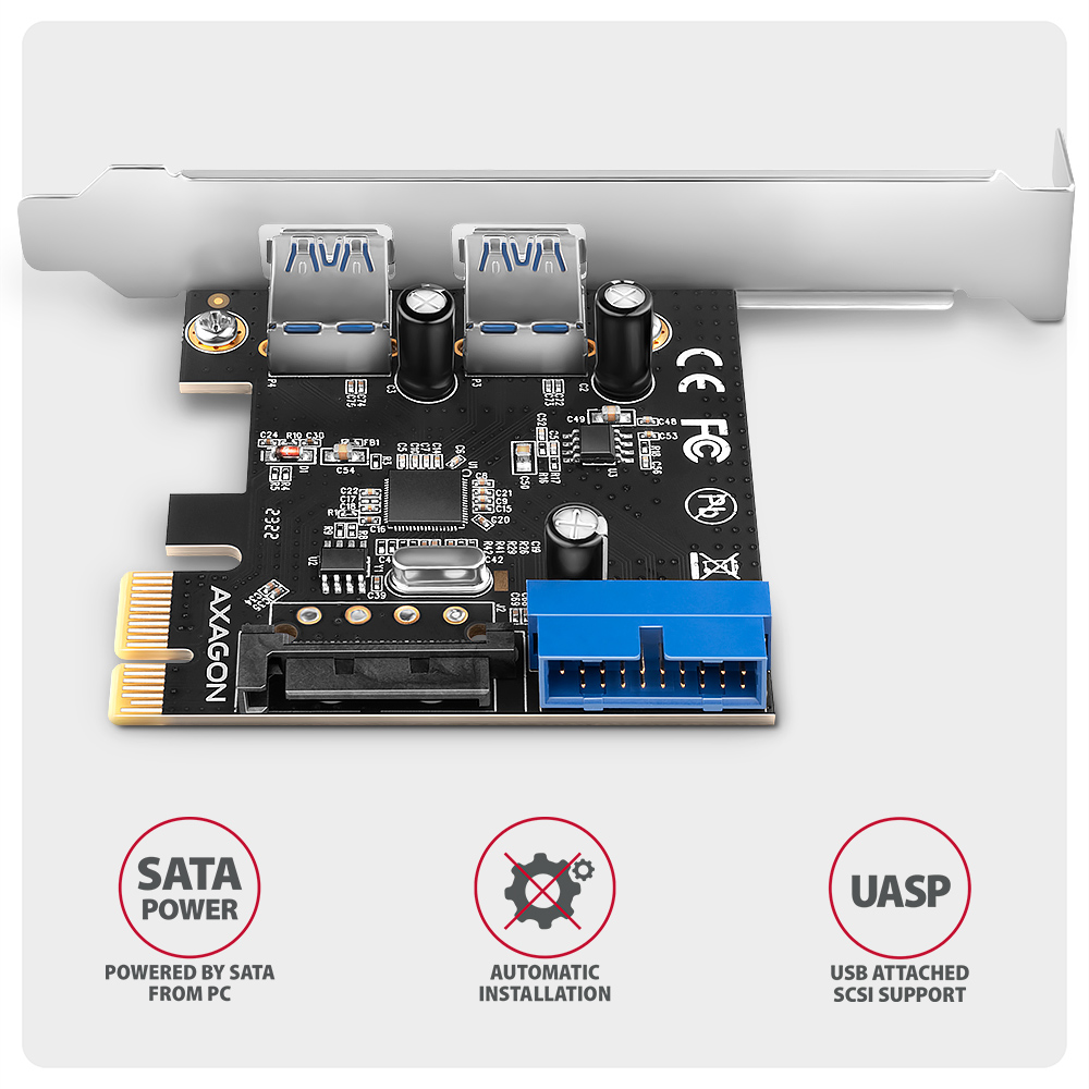 I/O bővítőkártya AXAGON PCEU-232RS PCIe vezérlő 2x ext. + 2x int. USB 5Gbps