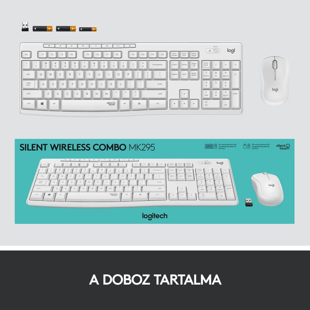 Keyboard + Mouse Logitech MK295 Membrane White Wireless Hun Layout