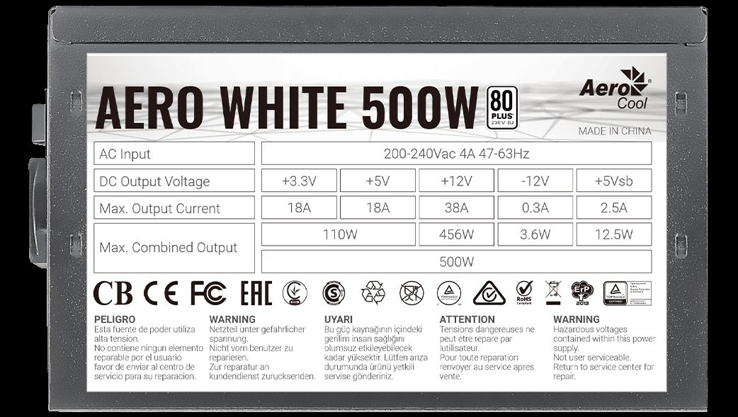 Tápegység Aerocool AERO White 500W 12cm ATX BOX 80+