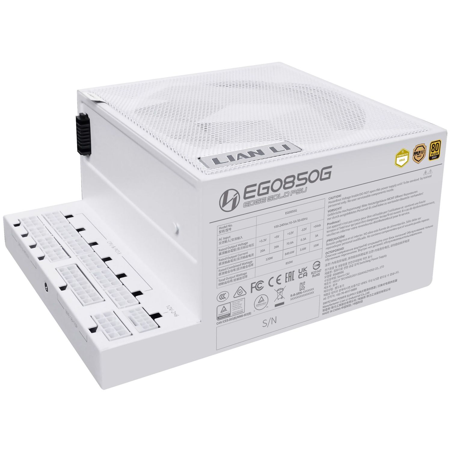 Lian Li EDGE GOLD 850 80 PLUS Gold Power Supply, PCIe 5.1, ATX 3.1 - 850 Watts, white