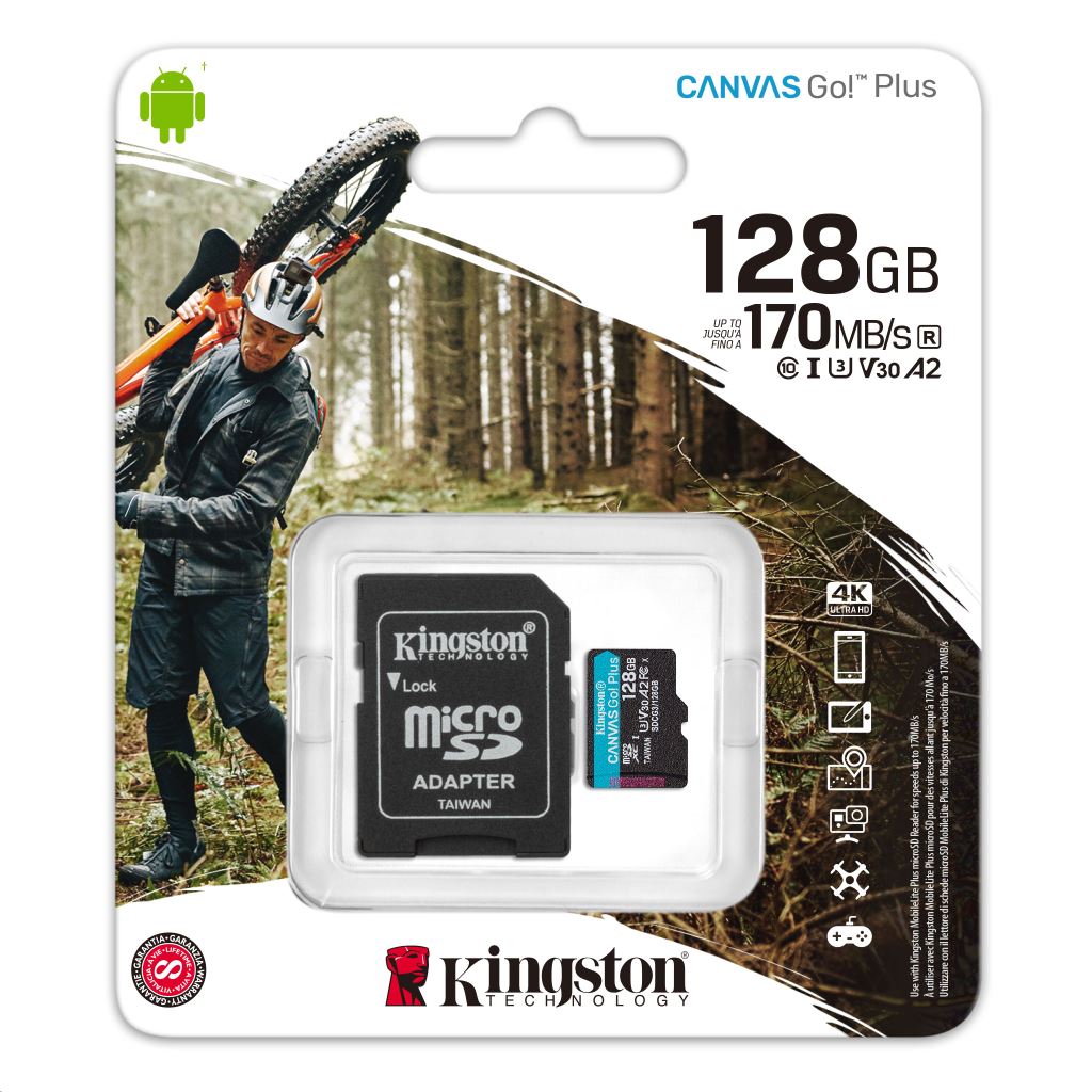 Memóriakártya MicroSD 128GB Kingston Canvas Go Plus UHS-I U3 + adapter