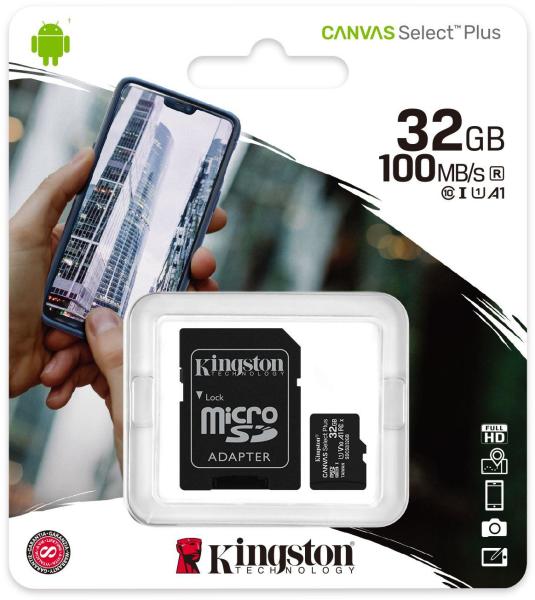 Memóriakártya MicroSD 32GB Kingston Canvas Select Plus Class 10 + adapter