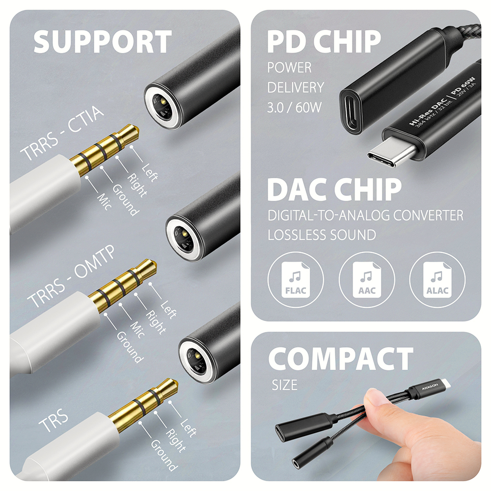 Hangkártya AXAGON ADA-HCPD USB-C Hi-Res DAC audio adapter PD 60W